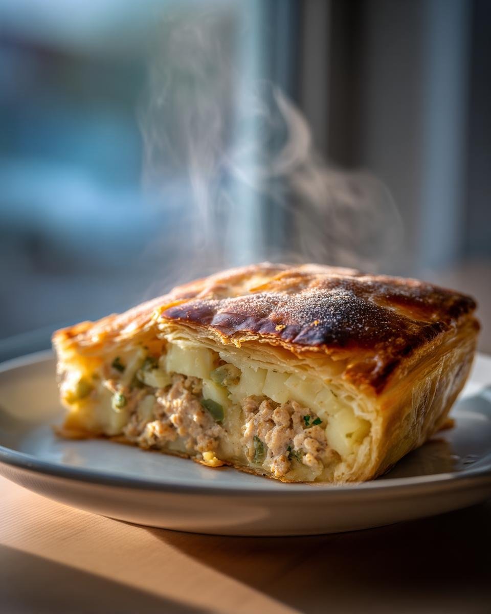 A hot, steaming slice of Turkey Potato Pie with a golden, flaky crust, showing the savory filling inside.