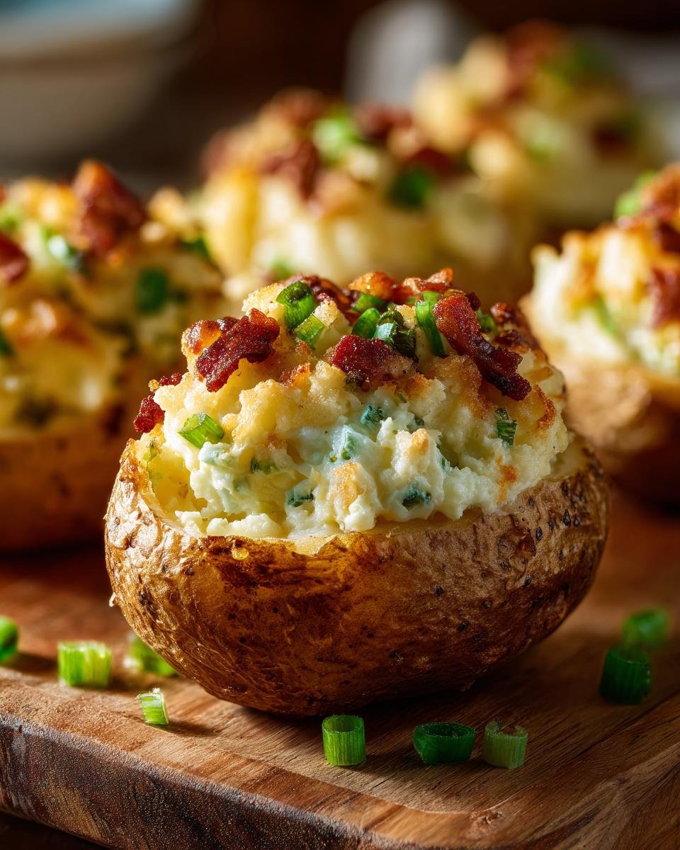 A close-up of a Twice Baked Jalapeno Potatoes, stuffed with creamy filling, topped with bacon bits and green onions.