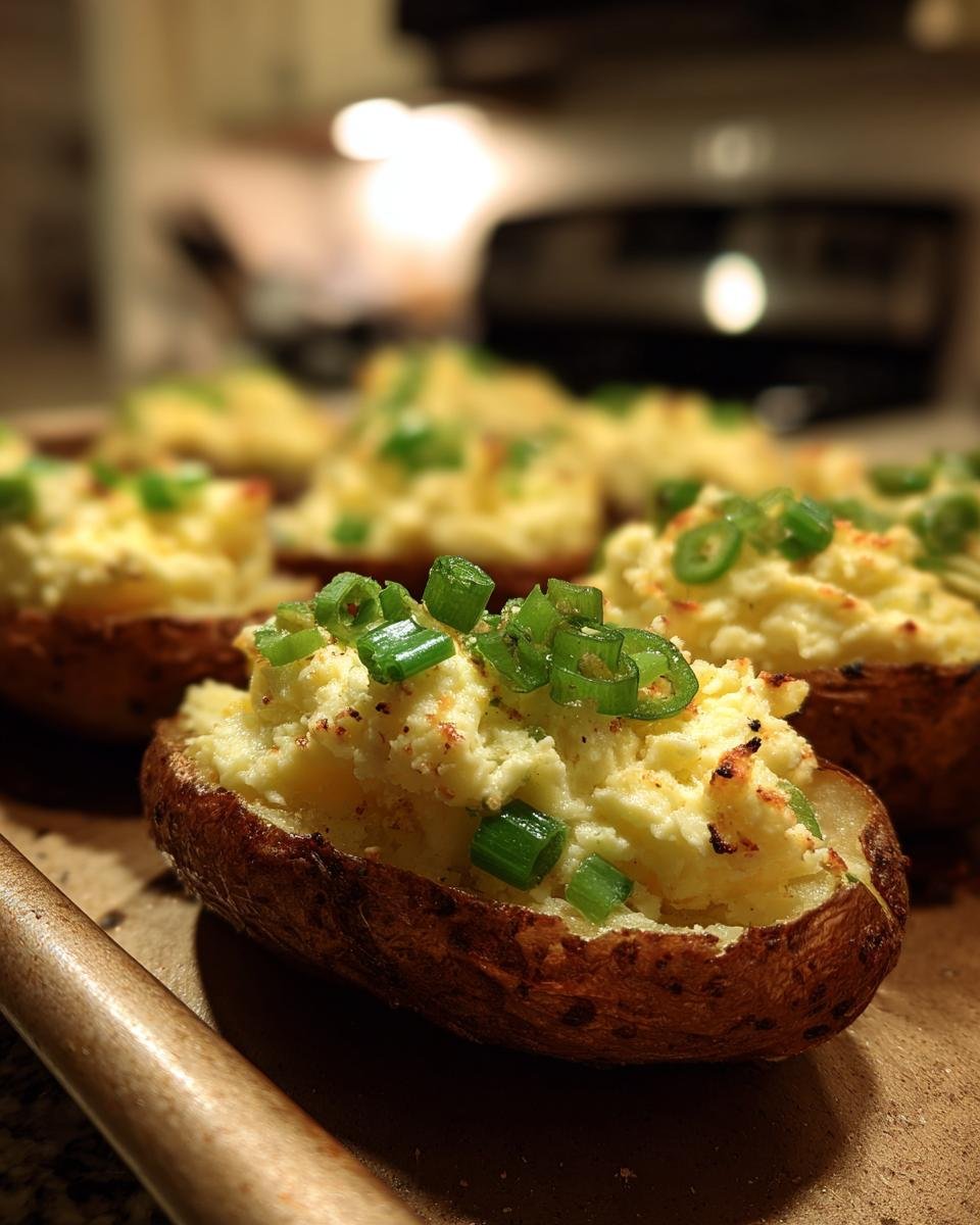 Close-up of a perfectly baked Twice Baked Jalapeno Potatoes half, filled with creamy potato mixture and topped with fresh green onions.