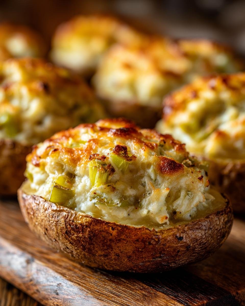 A close-up of a perfectly baked Twice Baked Jalapeno Potatoes, topped with browned, melted cheese and visible green jalapeno pieces.
