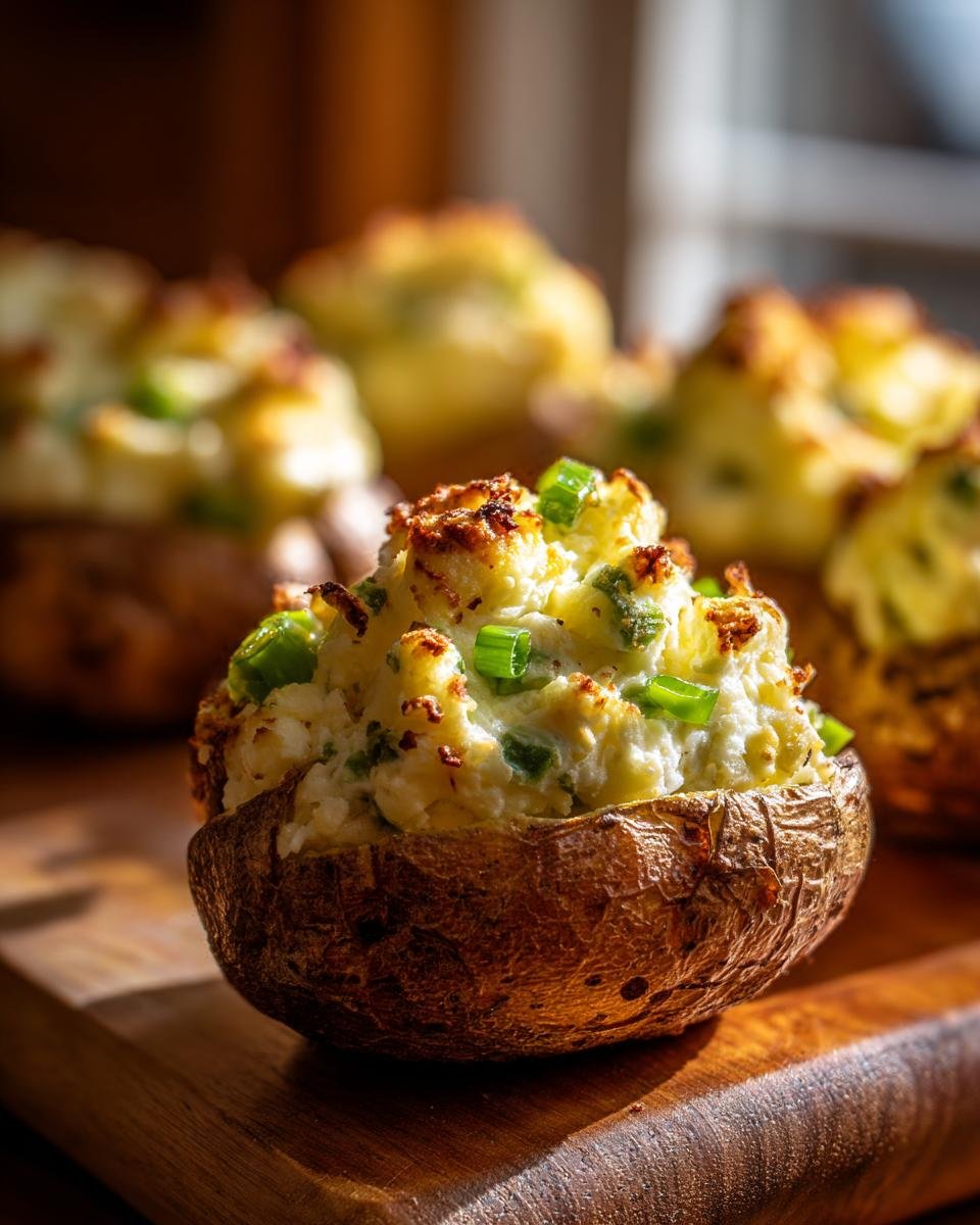 A close-up of a Twice Baked Jalapeno Potatoes, stuffed with creamy filling and topped with green onions.