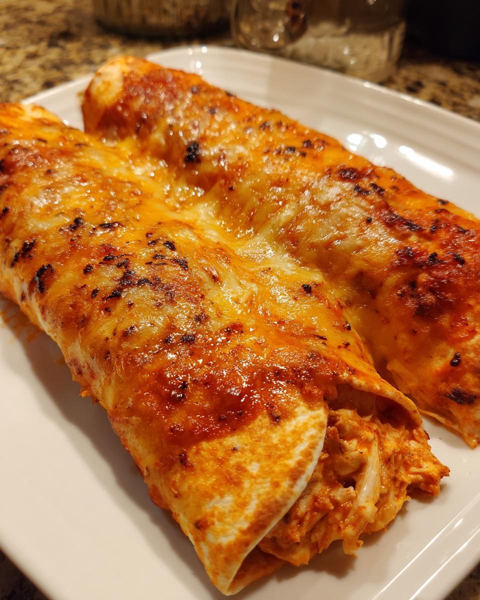 Close-up of two baked Chicken Enchiladas covered in melted, slightly browned cheese and red sauce on a white plate.