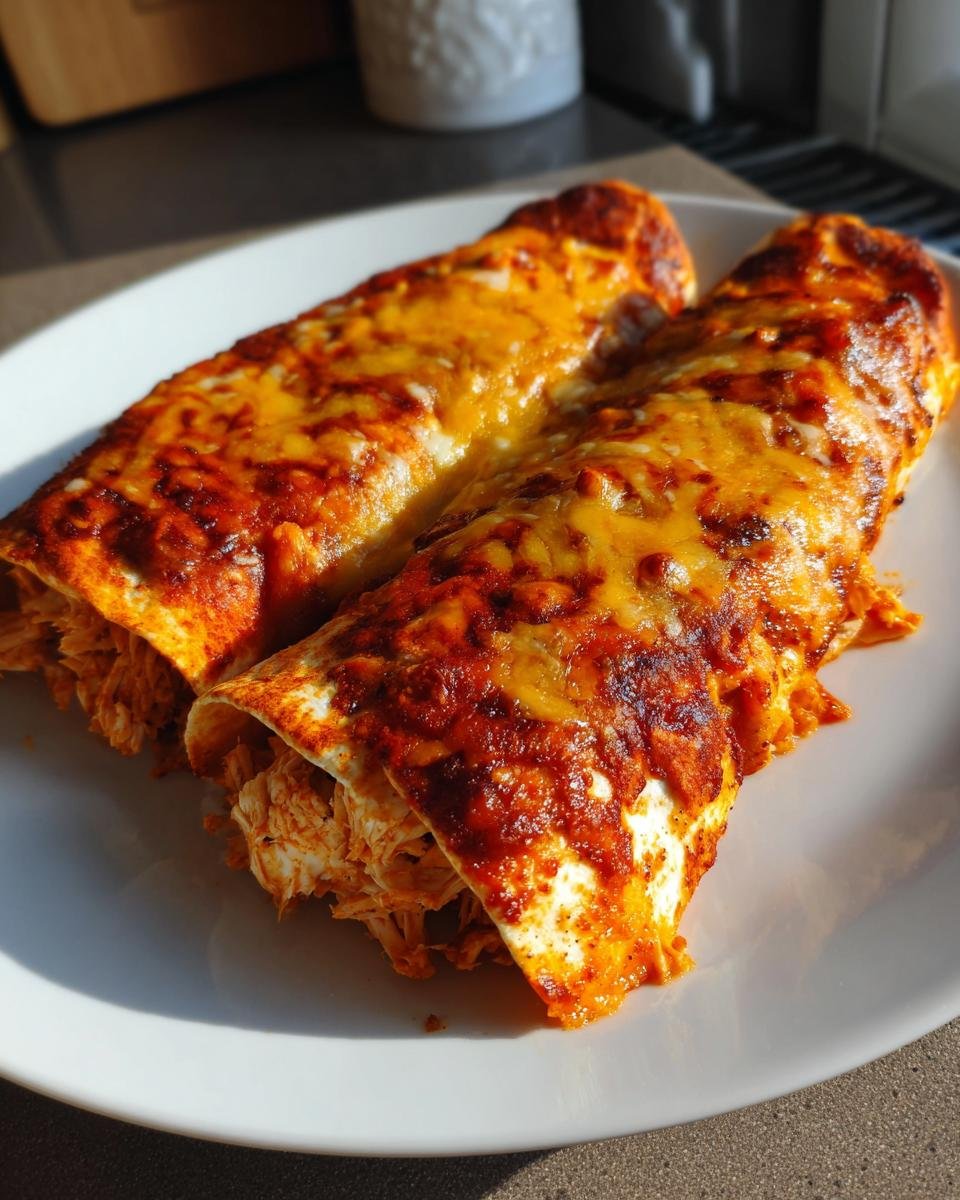 Two freshly baked Chicken Enchiladas smothered in red sauce and melted cheddar cheese, served on a white plate.