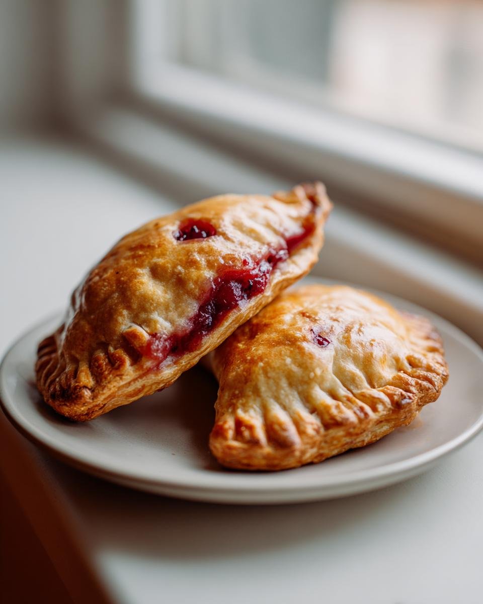 Close-up of two golden-brown Cranberry Hand Pies resting on a small plate, showing bright red cranberry filling peeking out.
