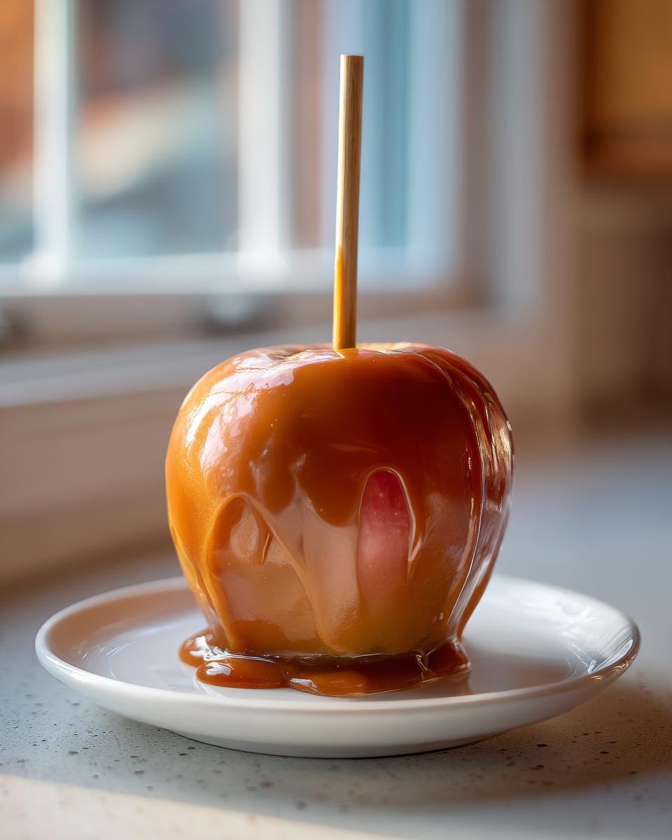 A glossy, freshly made Vegan Caramel Apple sits on a small white plate with caramel dripping down the sides.
