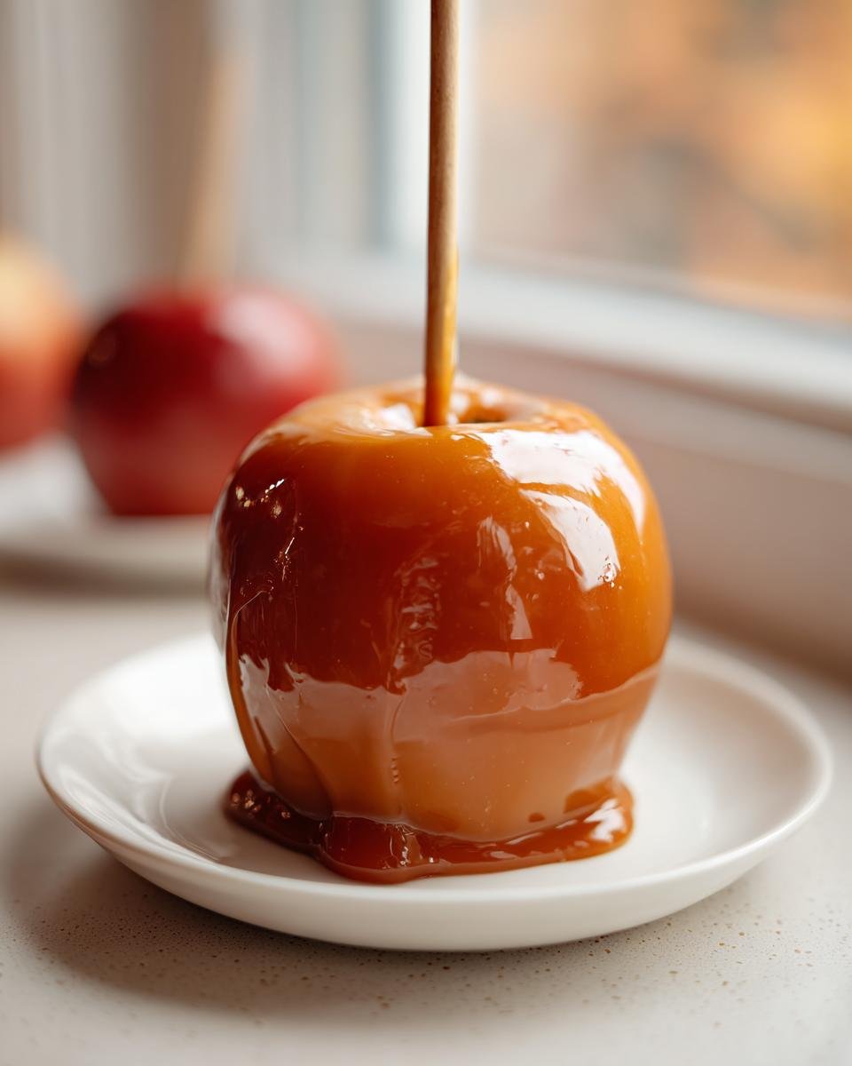 A close-up of a glossy Vegan Caramel Apple on a small white plate, dripping with thick caramel.