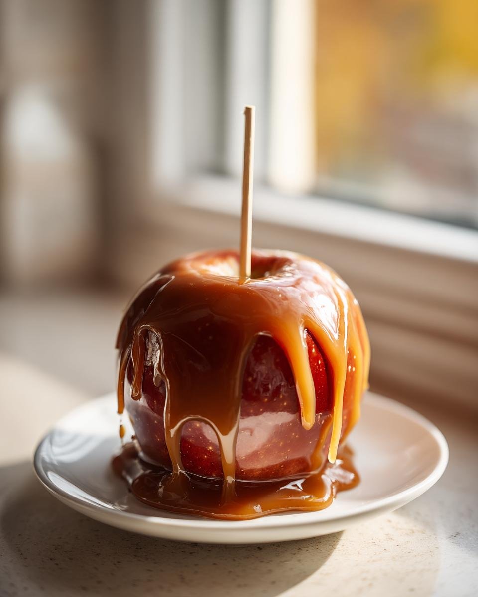 A glossy, red apple generously coated in dripping caramel, ready to eat, as one of the Vegan Caramel Apples.