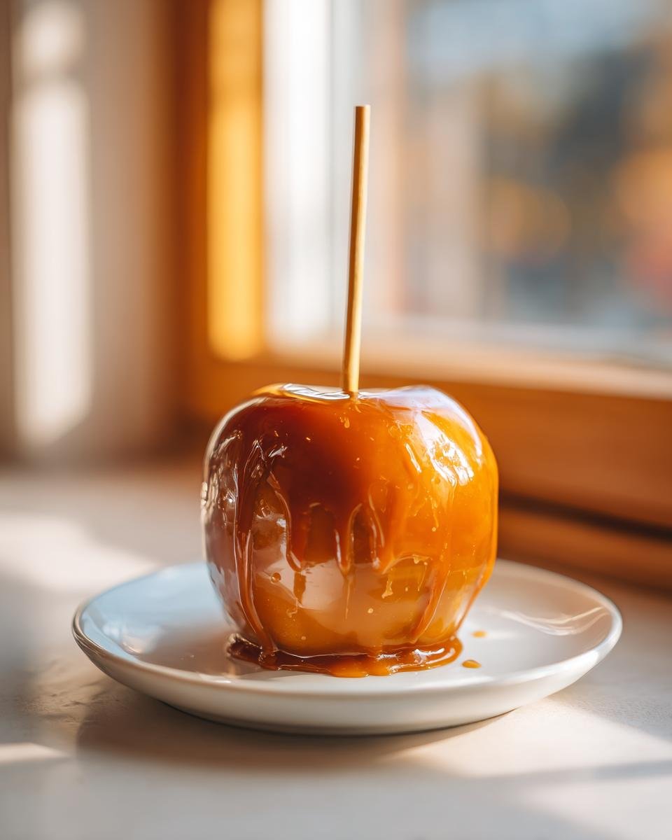A close-up of a glossy Vegan Caramel Apples coated in dripping, rich caramel, served on a small white plate.
