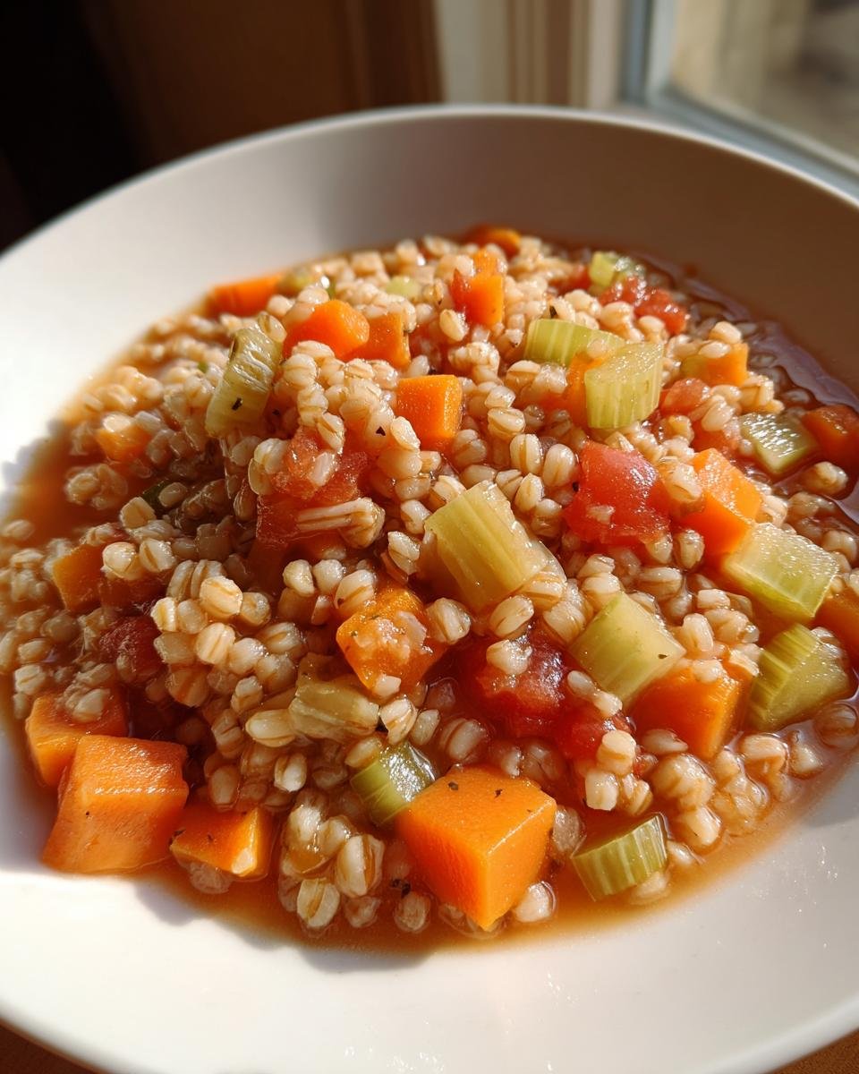 Close-up of a bowl filled with thick Vegetable Barley Soup featuring plump barley, diced carrots, celery, and tomatoes.