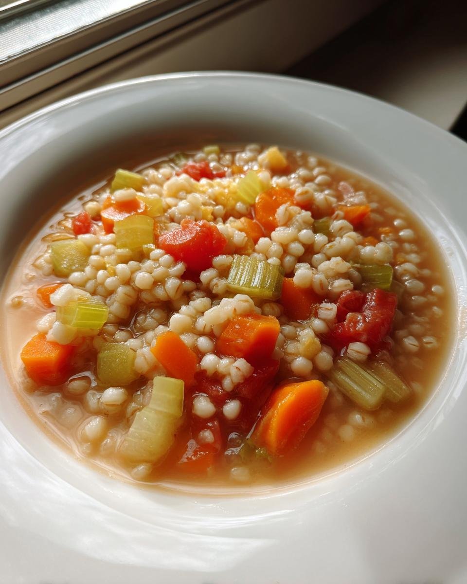 Close-up of a warm bowl of Vegetable Barley Soup featuring plump barley grains, diced carrots, celery, and tomatoes in a light broth.