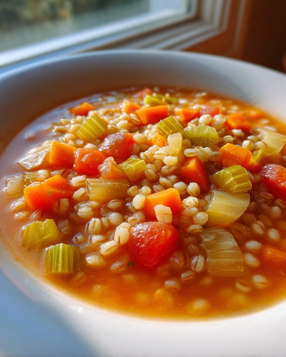 Close-up of a bowl of rich Vegetable Barley Soup filled with plump barley, diced carrots, and celery in a tomato broth.
