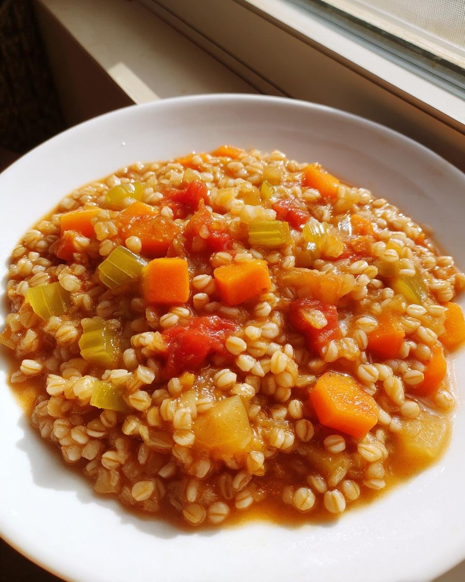 Close-up of a bowl of thick Vegetable Barley Soup featuring plump barley grains, diced carrots, celery, and tomatoes.
