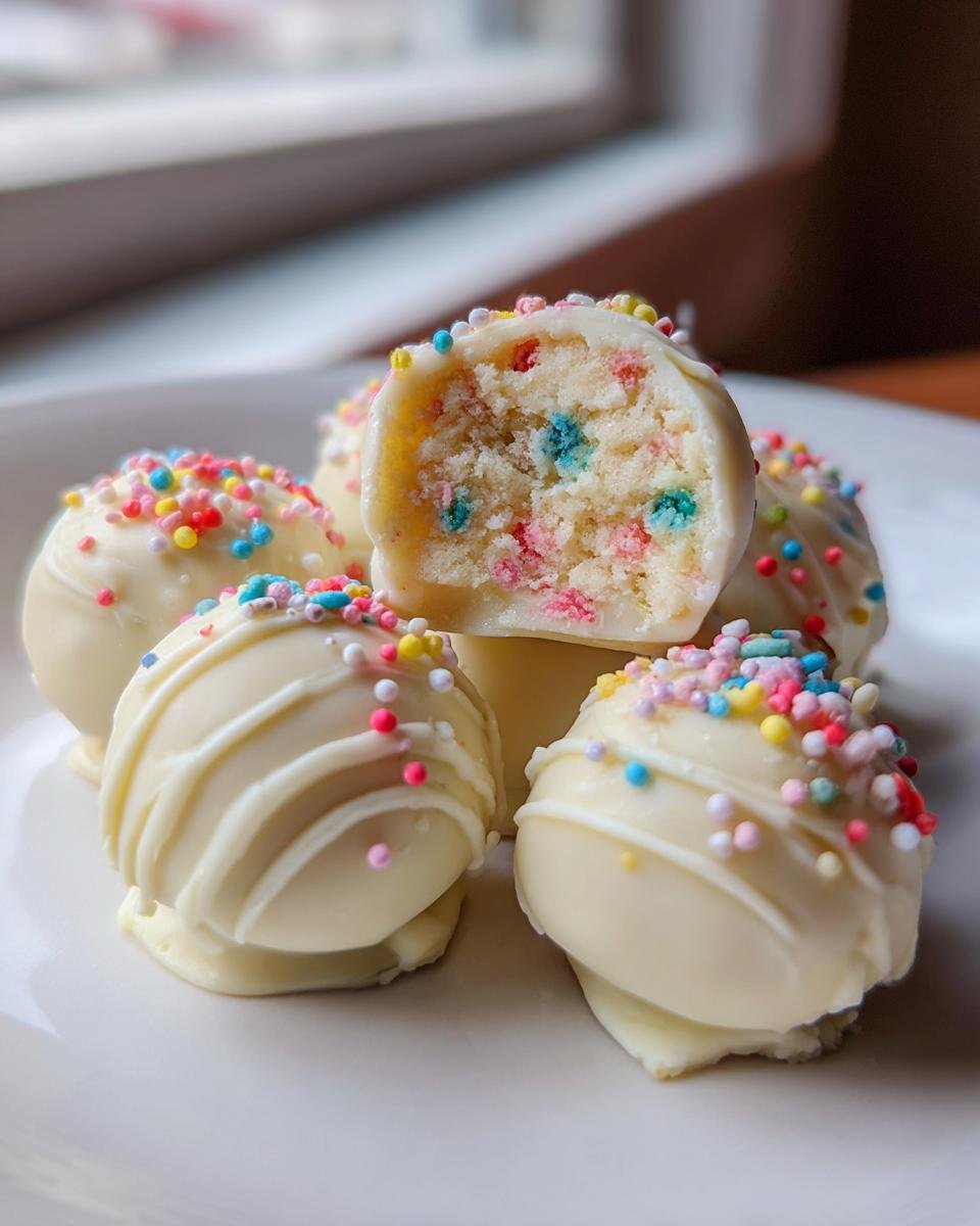 Close-up of several white chocolate Cake Batter Truffles, one cut open showing colorful sprinkles inside.