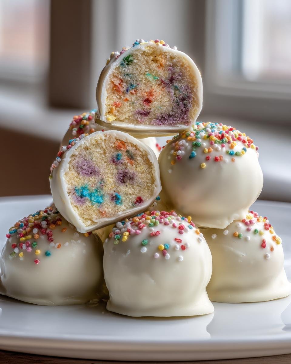 A stack of white chocolate coated Cake Batter Truffles, with two cut in half showing the colorful sprinkle interior.