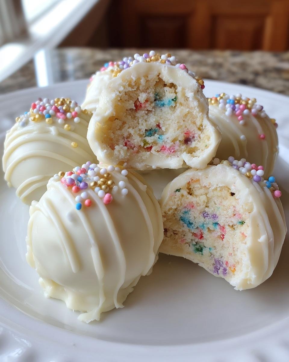 Close-up of white chocolate Cake Batter Truffles, one cut open showing colorful sprinkles inside.