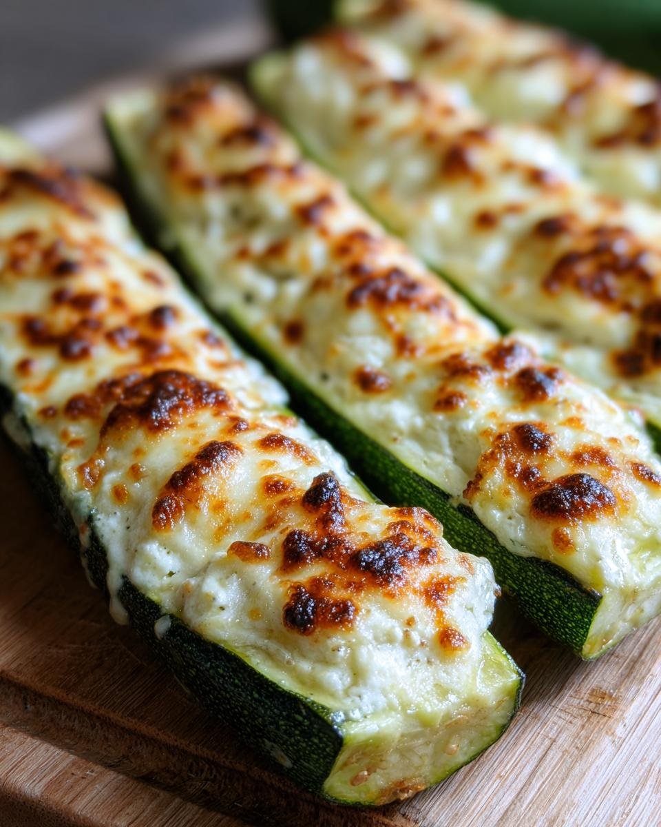 Three baked Zucchini Ricotta Melts, halved zucchini boats filled with a creamy ricotta mixture and topped with browned, melted cheese.