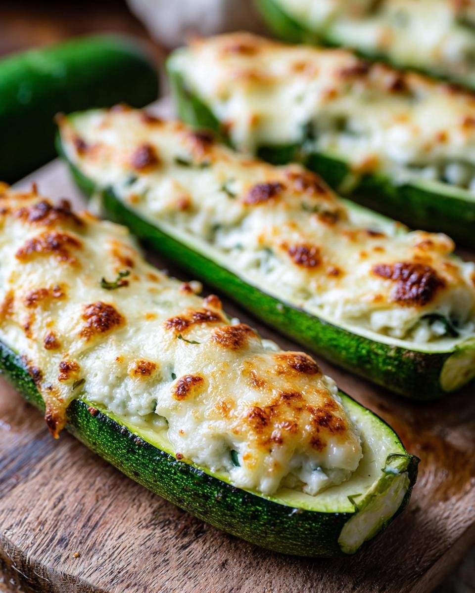 Four baked zucchini halves filled with creamy ricotta mixture and topped with melted, browned cheese, ready to serve as Zucchini Ricotta Melts.