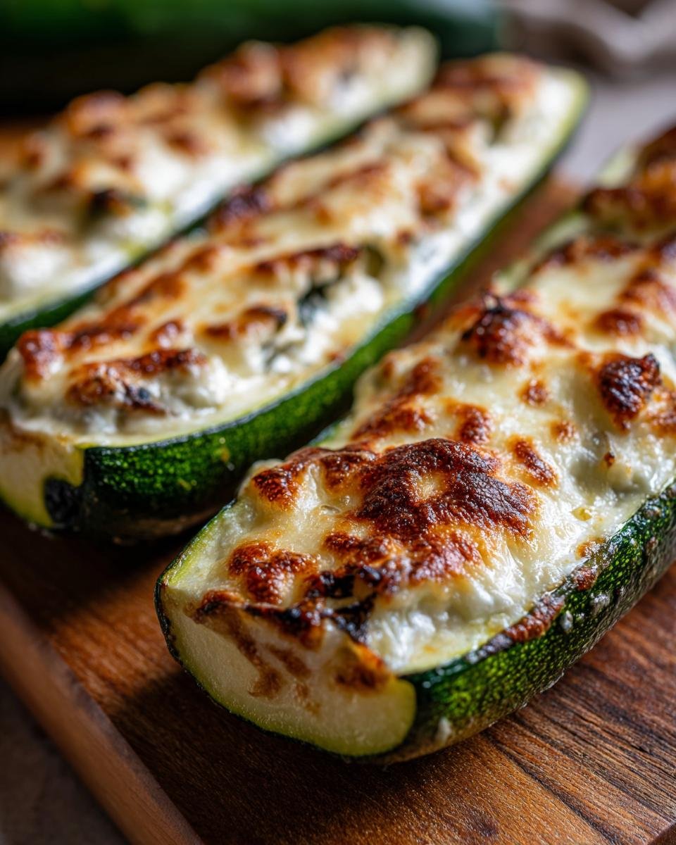 Close-up of three baked Zucchini Ricotta Melts stuffed with creamy filling and topped with perfectly browned, melted cheese.