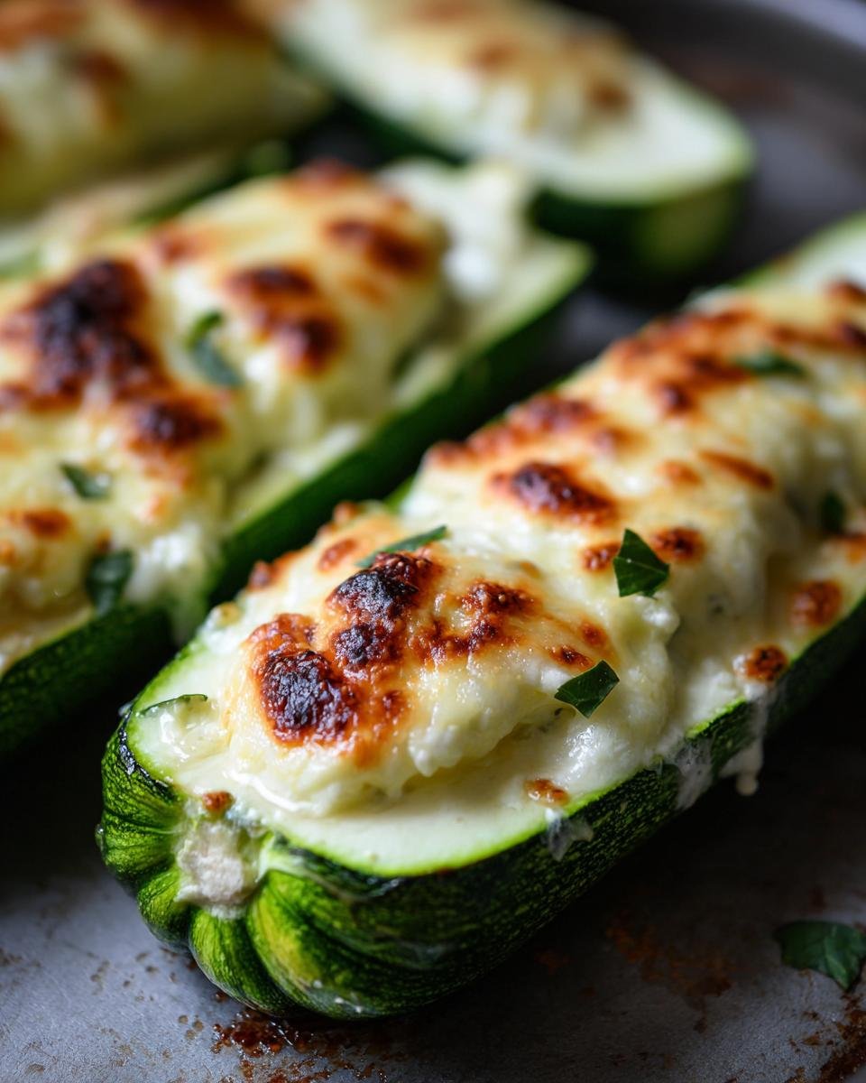 Close-up of baked Zucchini Ricotta Melts, showing zucchini boats filled with creamy ricotta and topped with bubbly, browned cheese.