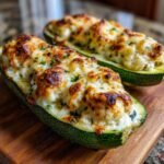 Two halves of baked Zucchini Ricotta Melts with golden brown, cheesy topping served on a wooden board.
