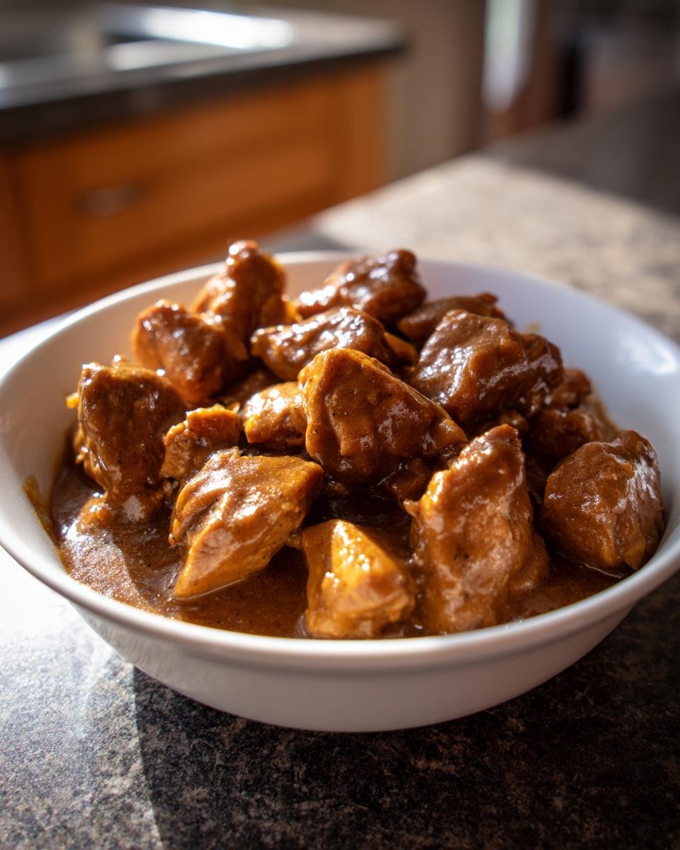 Close-up of bite-sized chicken pieces smothered in thick, rich brown gravy, ready to serve.