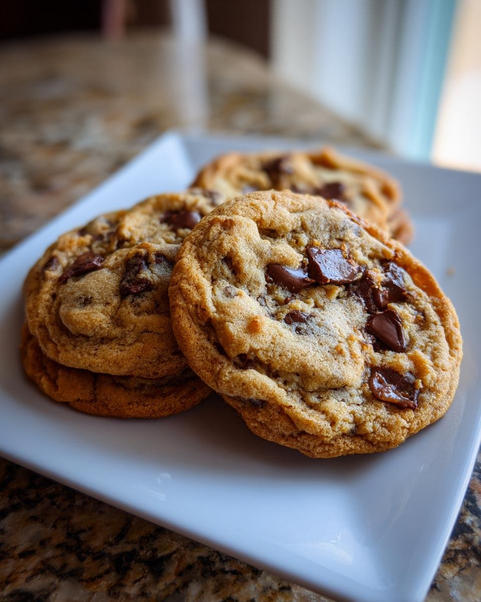 Close-up of several gooey, golden brown Chocolate Chip Cookies stacked on a white square plate.