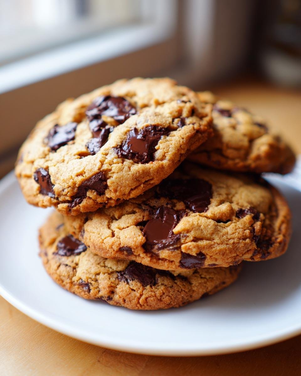 A stack of four freshly baked Chocolate Chip Cookies with melted chocolate chunks on a white plate.