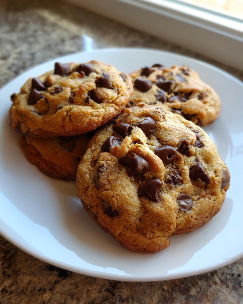 A close-up of four golden brown Chocolate Chip Cookies piled on a white plate.