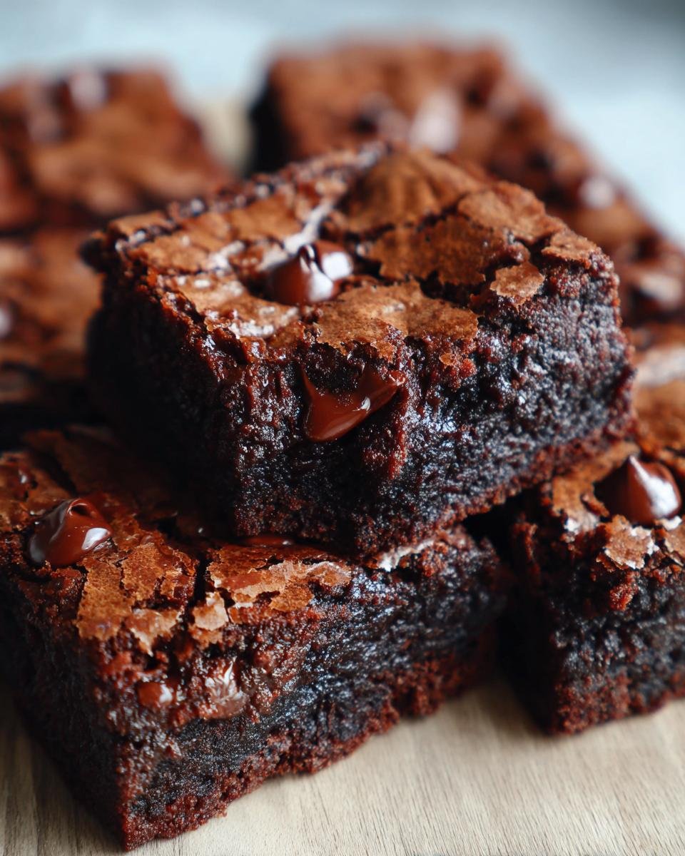 Close-up of stacked, fudgy M M Brownies with shiny, crackly tops and melted chocolate chips.