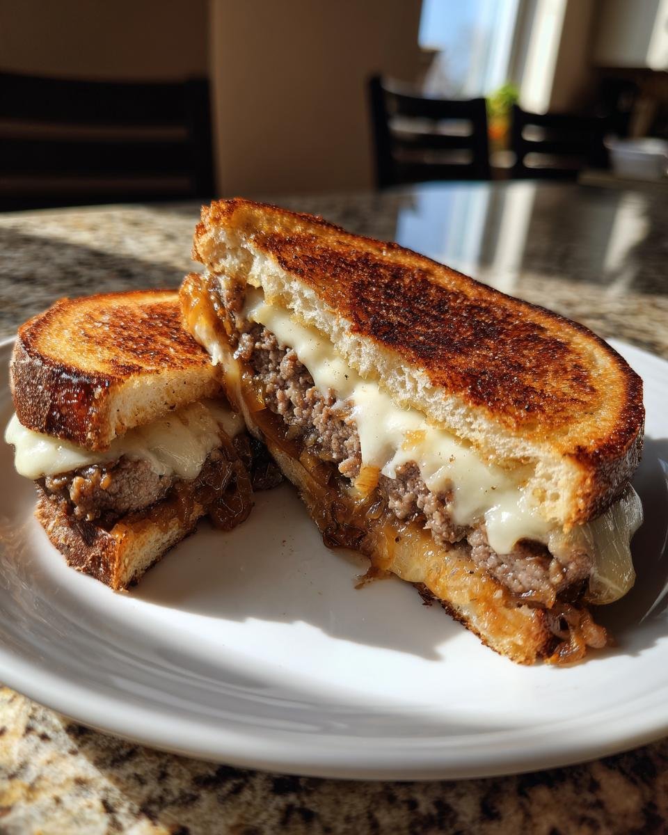 A golden-brown, grilled Patty Melts sandwich, cut in half to show the melted cheese, beef patty, and caramelized onions.