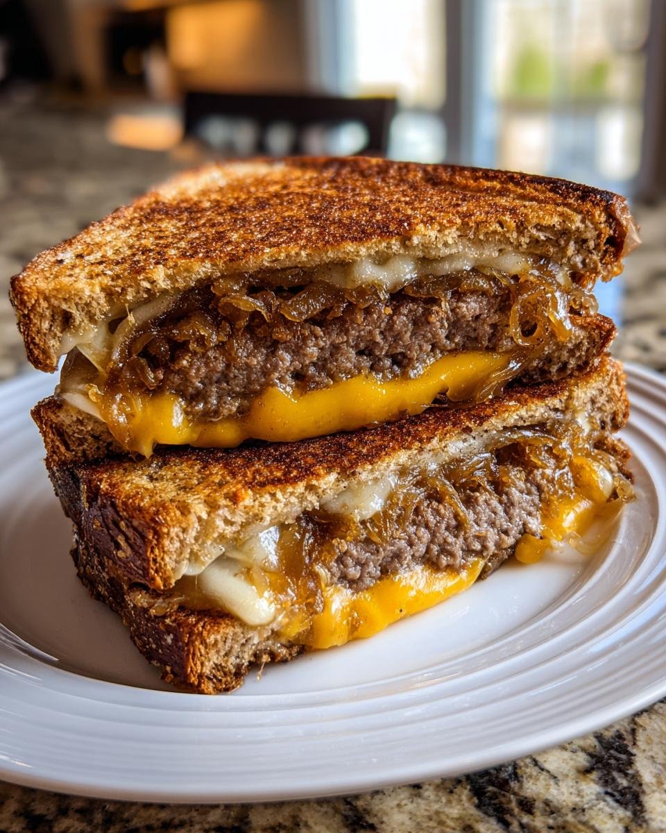 A cross-section of two stacked Patty Melts showing a thick beef patty, melted cheddar and Swiss cheese, and caramelized onions between grilled rye bread.