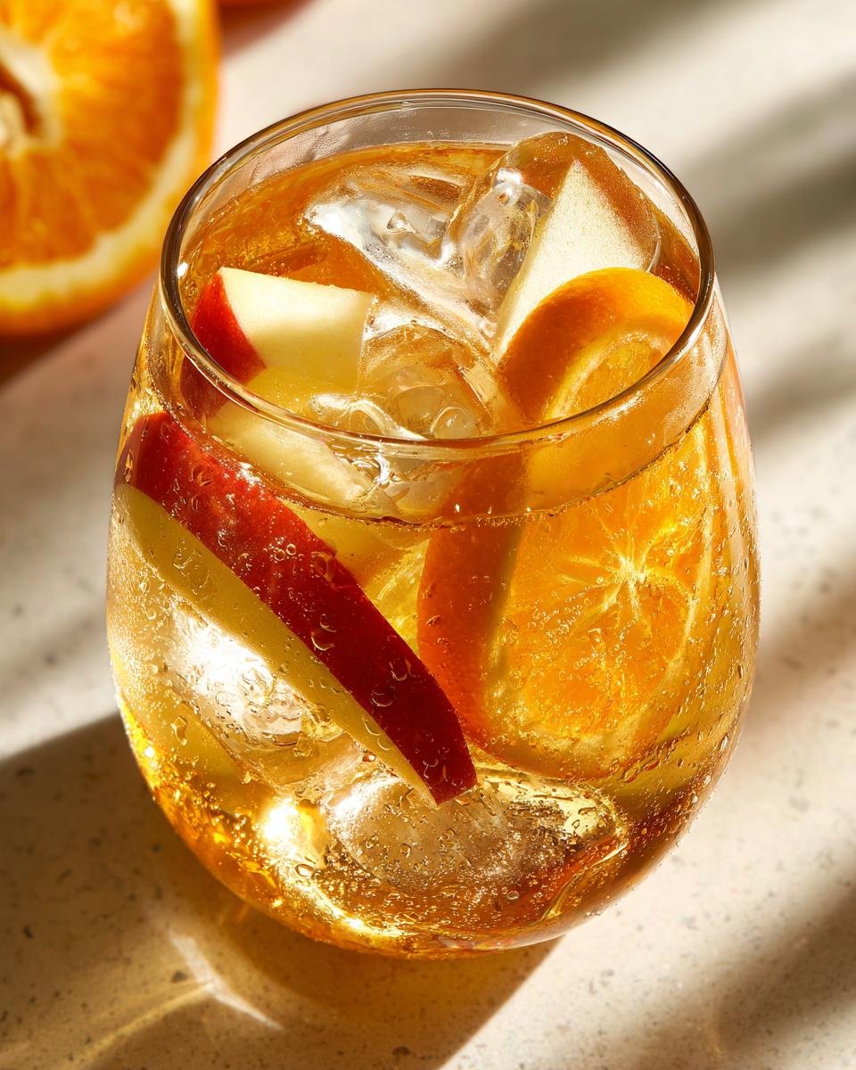 Close-up of a glass filled with ice, Apple Cider Punch, apple slices, and an orange slice.