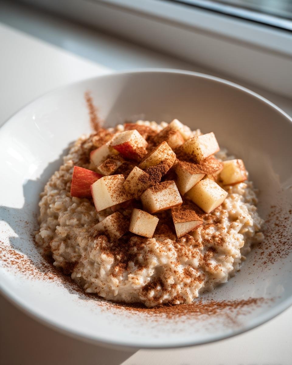 A close-up shot of creamy Apple Cinnamon Oatmeal topped with fresh diced apples and a generous dusting of cinnamon.
