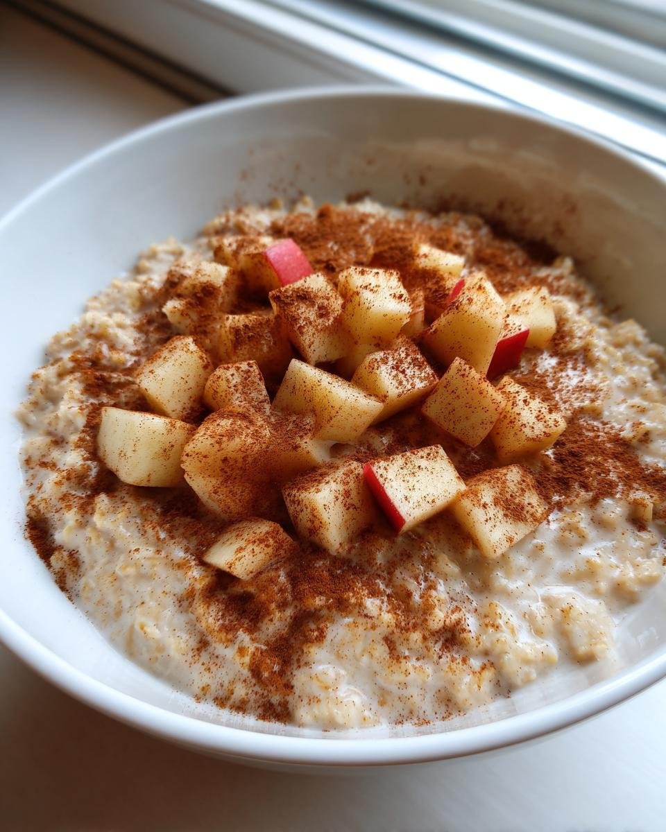 A close-up view of creamy Apple Cinnamon Oatmeal topped with diced apples and a generous dusting of cinnamon.