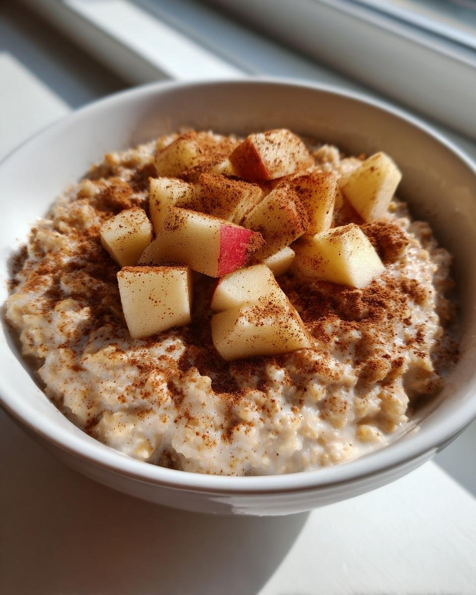 A close-up of creamy Apple Cinnamon Oatmeal topped with diced fresh apples and a generous dusting of cinnamon.