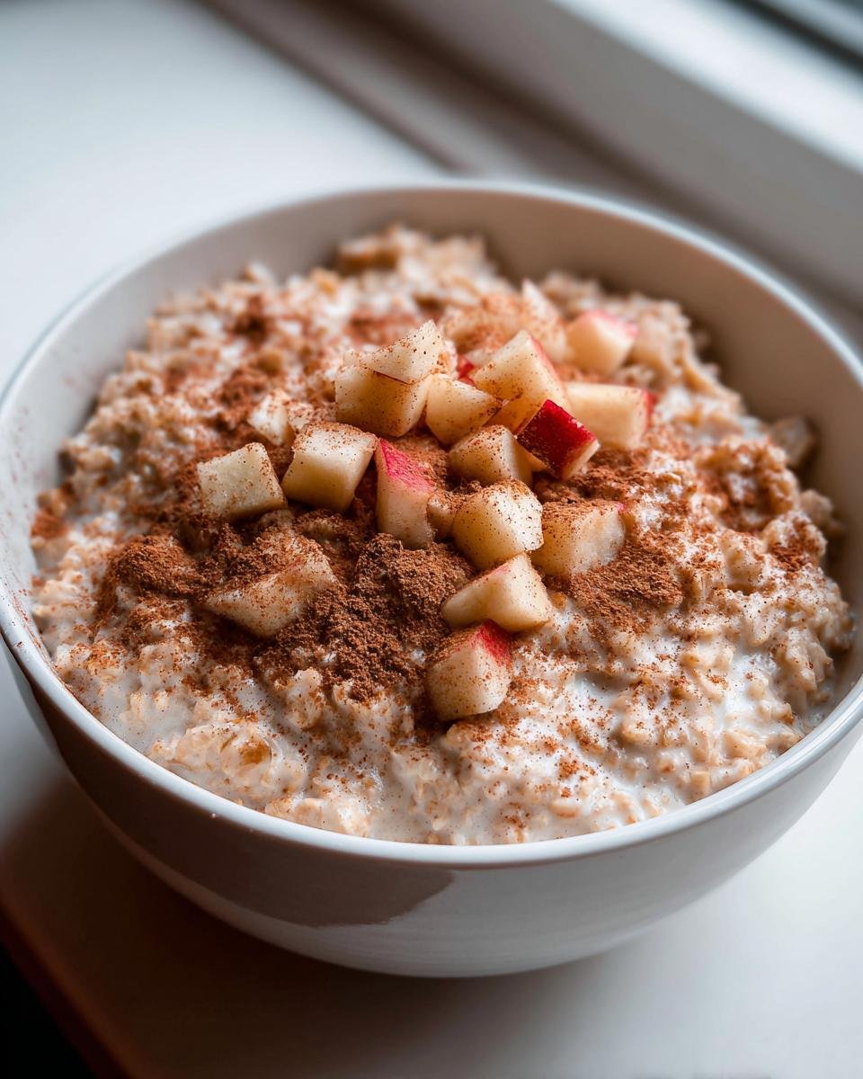 A close-up of creamy Apple Cinnamon Oatmeal topped with diced apples and a generous sprinkle of cinnamon.