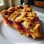 Close-up of a delicious slice of Apple Cranberry Pie featuring a golden lattice crust and vibrant red filling.