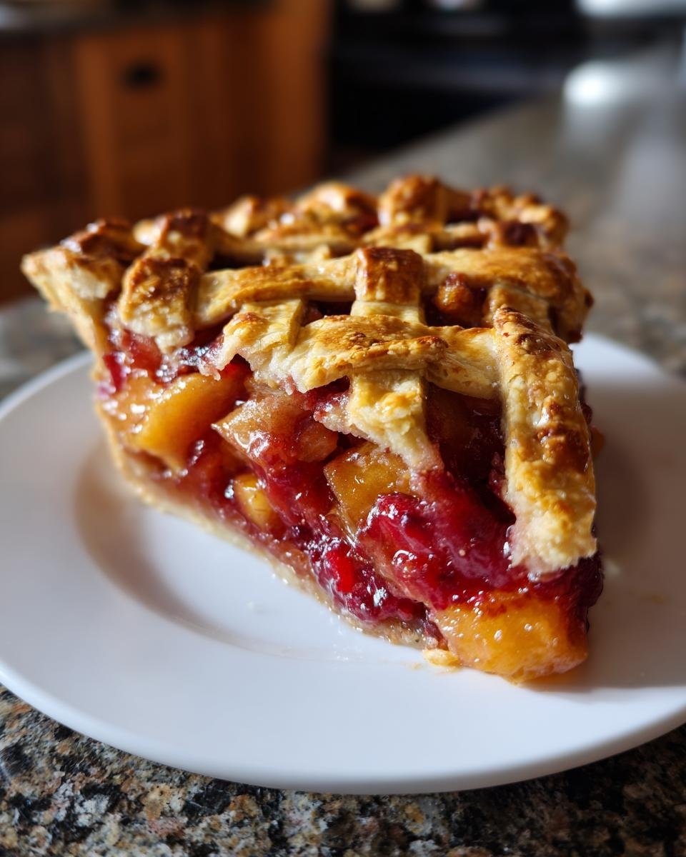 A close-up of a thick slice of Apple Cranberry Pie featuring a golden lattice crust and a vibrant filling.
