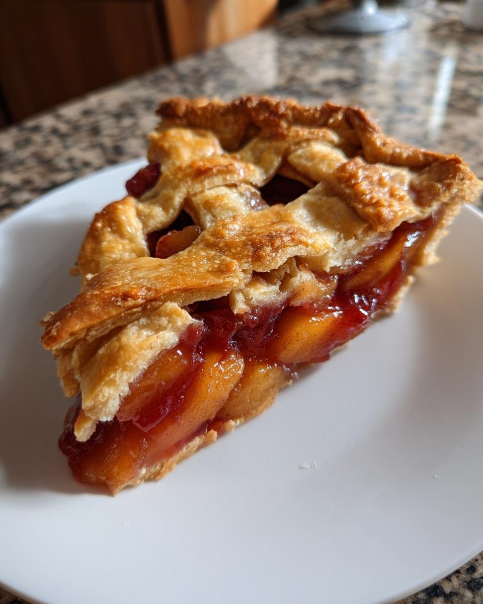 A close-up of a perfect slice of Apple Cranberry Pie showing flaky crust and rich fruit filling on a white plate.