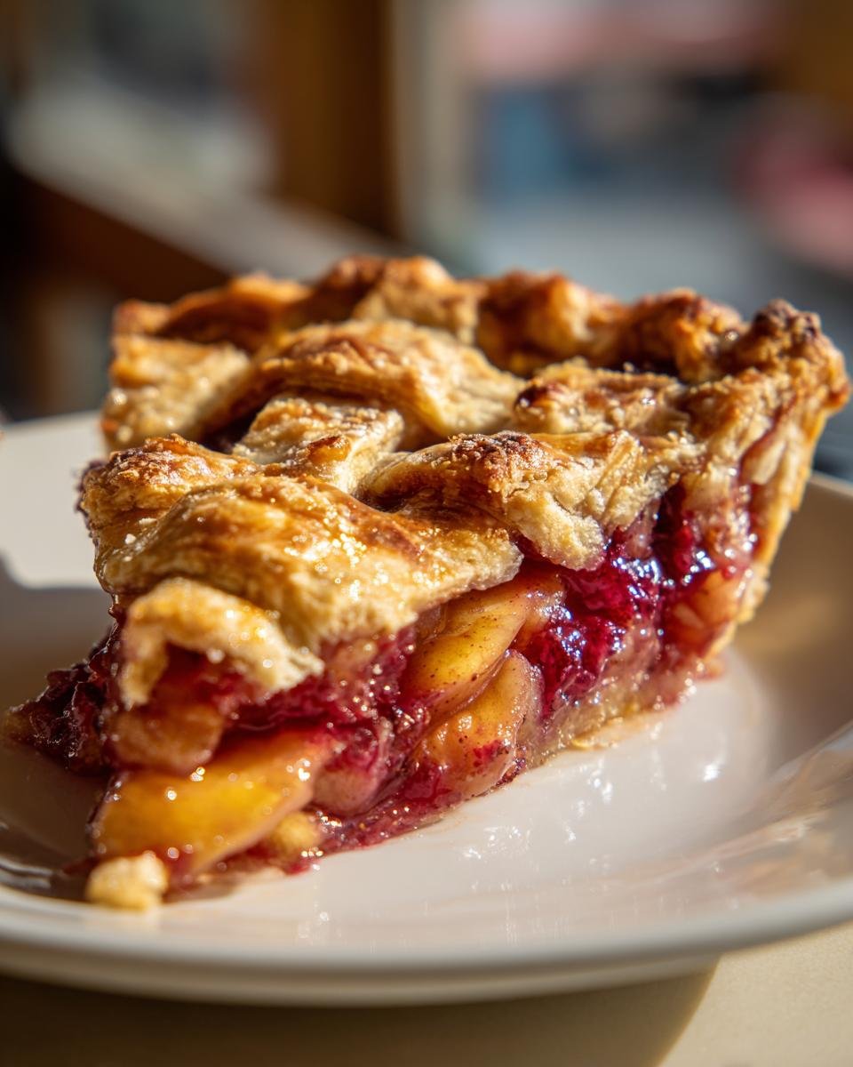 Close-up of a glistening slice of Apple Cranberry Pie showing the lattice crust and rich fruit filling.