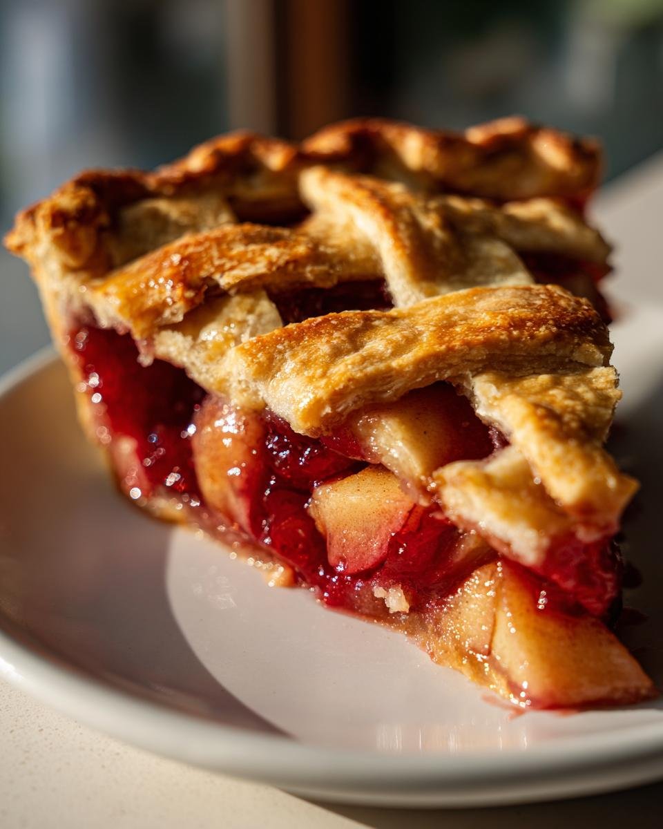 Close-up of a glistening slice of Apple Cranberry Pie showing chunky apple filling and a golden lattice crust.