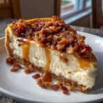 A decadent slice of Bacon Caramel Cheesecake topped with crispy bacon bits and dripping caramel sauce.