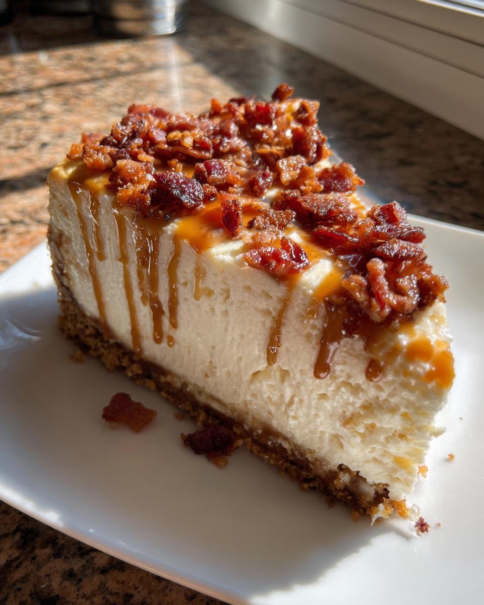 A thick slice of Bacon Caramel Cheesecake topped with caramel drizzle and crispy bacon bits.