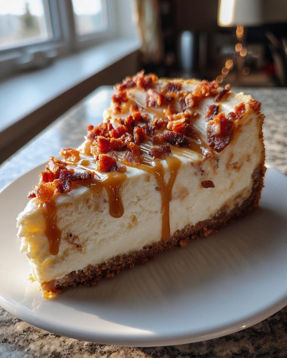 A rich slice of Bacon Caramel Cheesecake topped with crispy bacon bits and a heavy caramel drizzle.