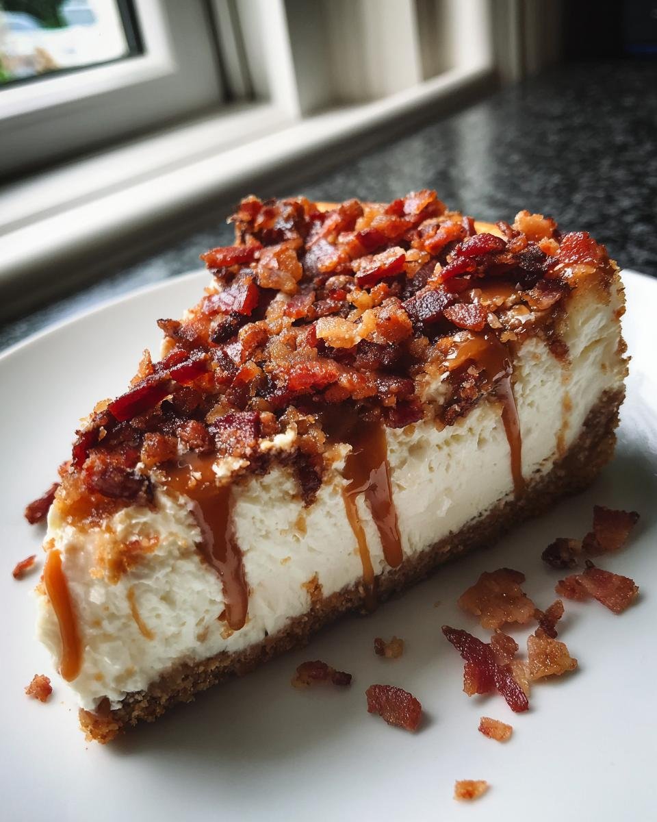 A close-up slice of Bacon Caramel Cheesecake topped with crispy bacon bits and drizzled with caramel sauce.