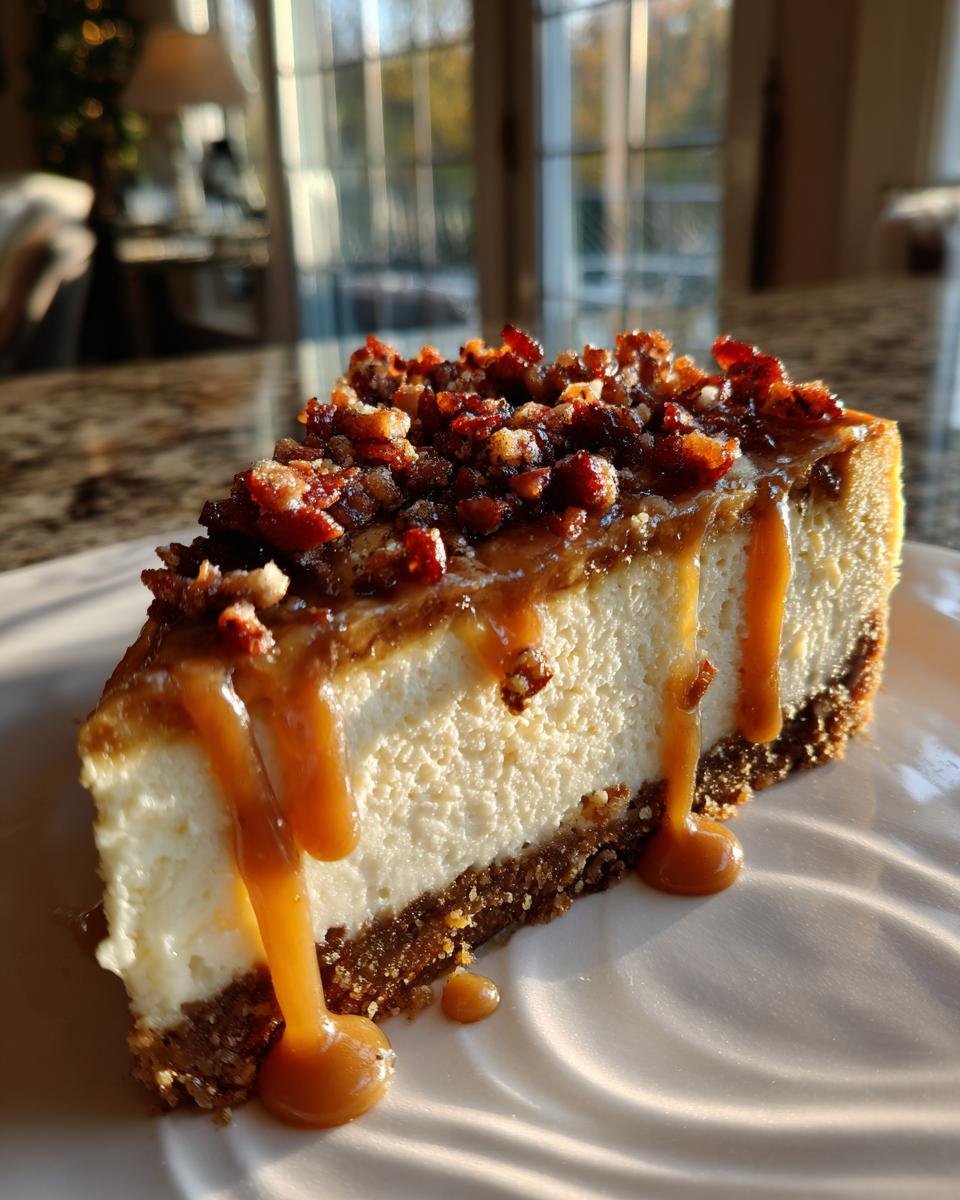 A close-up of a rich slice of Bacon Caramel Cheesecake topped with crumbled bacon and dripping with caramel sauce.