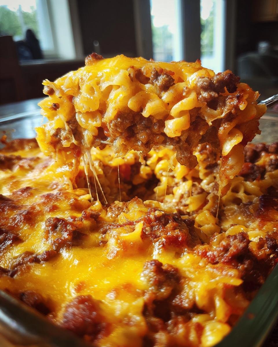 A spoonful of cheesy Bacon Cheeseburger Pasta Bake being lifted, showing melted cheese strings.