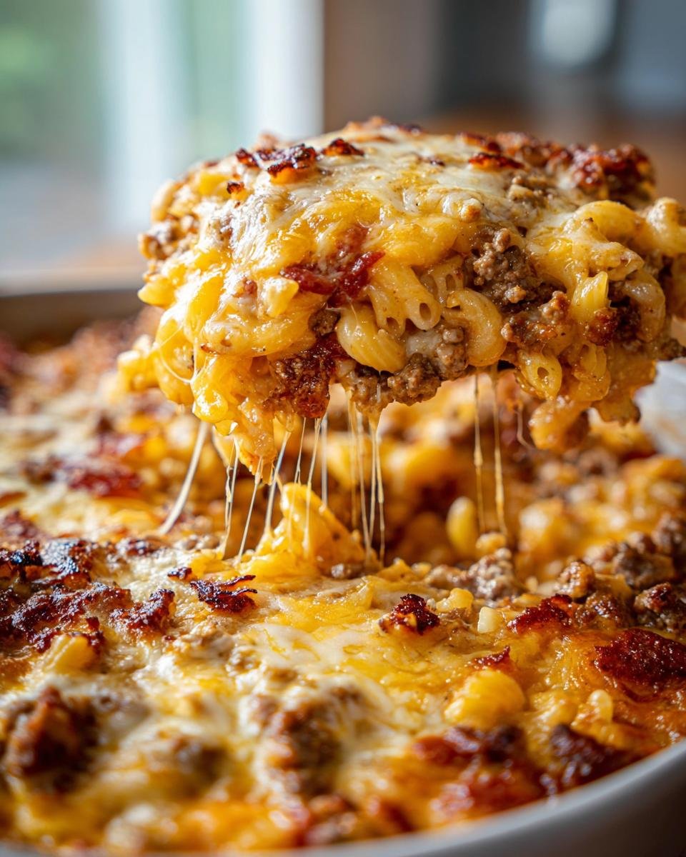 A scoop of cheesy Bacon Cheeseburger Pasta Bake showing long cheese pulls over the main dish.