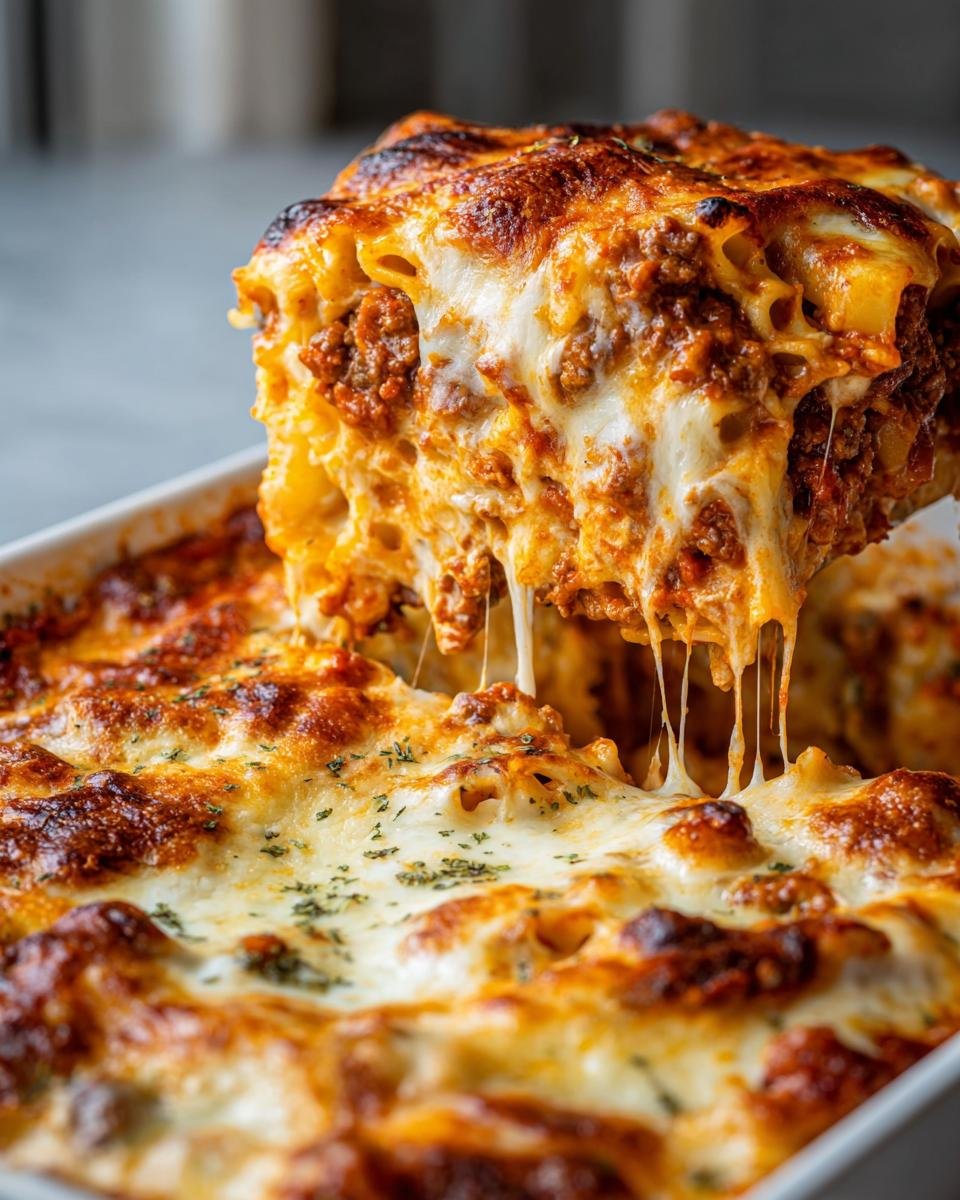 A serving spoon lifts a cheesy, saucy portion of Bacon Cheeseburger Pasta Bake from the baking dish.