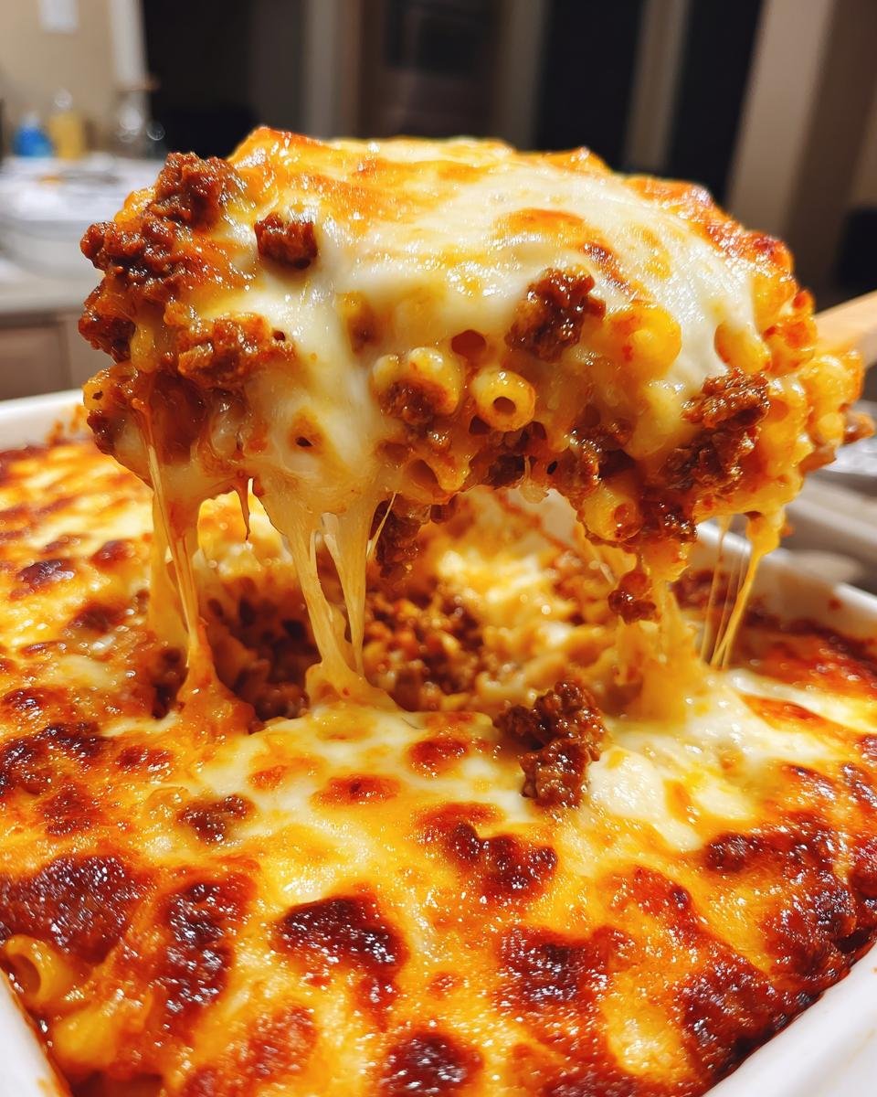 A spoonful of Bacon Cheeseburger Pasta Bake showing melted, stretchy cheese and ground beef mixture.